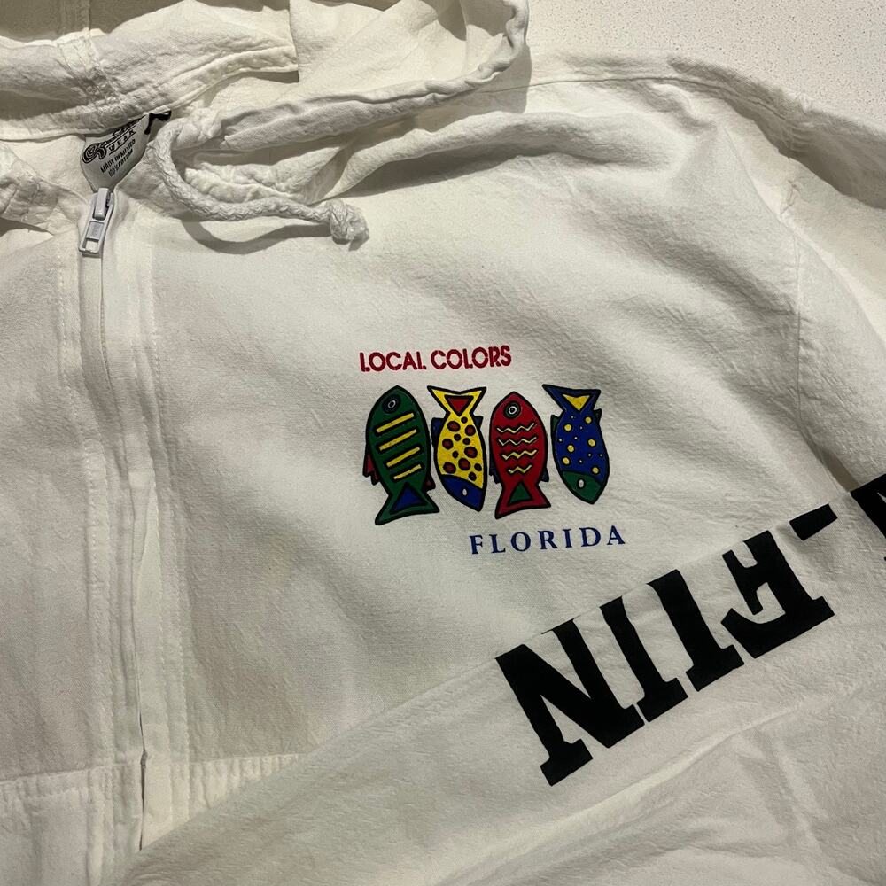 Florida Women Small Sun n Fun White Light Weight Jacket Colorful Fish Hooded‎